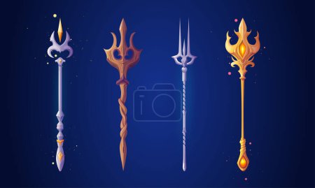 Illustration for Trident staffs set isolated on background. Vector cartoon illustration of silver, wooden, golden sticks with sharp tips decorated with yellow crystal gemstones, wizard wand, ancient royal power symbol - Royalty Free Image