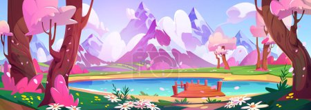 Pink blossom around lake with mountain view. Vector cartoon illustration of wooden pier on water, spring forest trees, flowers and green grass in valley, glacier on snowy peaks, beautiful scenery