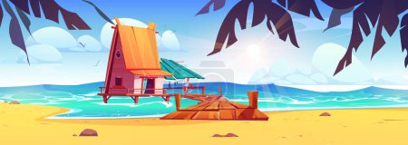 Illustration for Fisherman house with pier on beach. Vector cartoon illustration of tropical island, ocean water waves washing sandy coast, exotic palm trees, wooden bridge connecting shabby bungalow hut with shore - Royalty Free Image