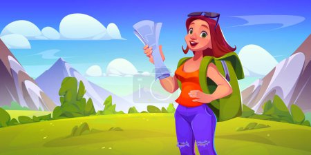 Illustration for Female tourist hiking in mountain valley. Vector cartoon illustration of young woman traveling with backpack and map, beautiful green landscape, blue sky, summer vacation, outdoor recreation activity - Royalty Free Image