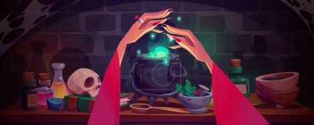 Illustration for Witch hands conjuring over cauldron with brewing green glowing potion with bubbles. Cartoon game vector illustration of table with magical wizard ingredients and accessories for poison-making. - Royalty Free Image