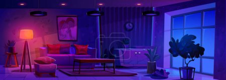 Illustration for Modern living room in night apartment. Vector cartoon illustration of home interior in scandinavian style, cozy dark house interior with furniture and large window, cushions on sofa, floor lamp light - Royalty Free Image