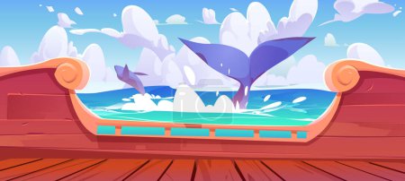 Cola de ballena salpicando en el océano, vista desde el barco a bordo. Dibujos animados vectoriales ilustración del paisaje marino de verano con animales marinos en el agua y nubes esponjosas en el cielo azul visto desde la cubierta de madera, aventura de viaje