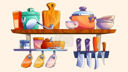 Illustration for Kitchen shelf with utensils hanging on wall. Vector cartoon illustration of home or restaurant cooking equipment, clean bowls, cups, wooden chopping board, glass jars with pepper salt, sharp knives - Royalty Free Image