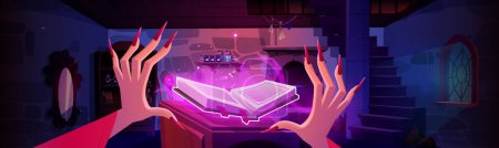 Illustration for Witch hands conjure over magical flying glowing spell book with pink haze. Dark dungeon or castle room with brick walls and stairs, cabinets with ingredients and accessories for wizard to make potions - Royalty Free Image