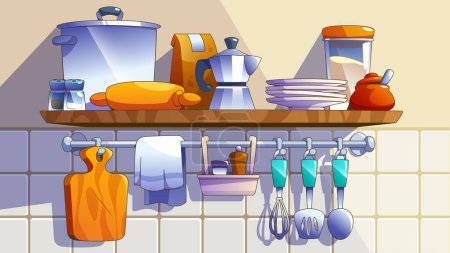 Kitchenware on shelf hanging on tiled wall. Vector cartoon illustration of home or restaurant kitchen cooking equipment, coffee maker, wooden chopping board, glass jars with pepper and salt, towel