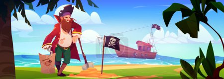 Pirate standing on beach with treasure map on hook. Vector cartoon illustration of bearded man in corsair suit, black jolly roger flag and shovel in sand, boat floating on sea waves, adventure voyage