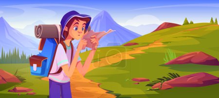 Illustration for Teen male tourist hiking in mountains. Vector cartoon illustration of young man with backpack checking paper map for destination route, green fir trees, stones along footpath on hill, outdoor activity - Royalty Free Image