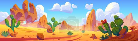 Téléchargez les illustrations : Arizona paysage désertique sec avec des roches rouges, des montagnes de falaises et de cactus. Illustration vectorielle de dessins animés de paysages sablonneux avec canyon et cactus sauvages et herbe, chaude journée ensoleillée - en licence libre de droit