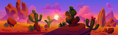 Téléchargez les illustrations : Paysage désertique de l'Arizona avec des rochers, des montagnes de falaises et des cactus au coucher ou au lever du soleil. Illustration vectorielle de dessins animés de paysages sablonneux avec canyon et cactus sauvages et herbe inondée de lumière rose. - en licence libre de droit