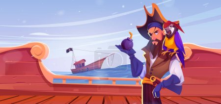 Illustration for Pirate with eye patch, parrot on his shoulder and bomb in his hand stands on wooden deck of ship in open sea. Cartoon vector illustration of corsair captain in pirate tri corn hat with funny bird. - Royalty Free Image