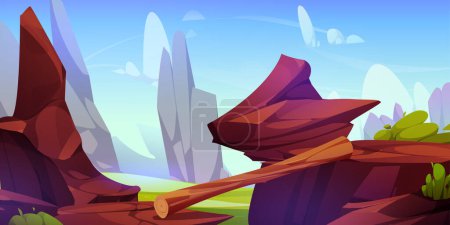 Illustration for Rocky cliff with bridge made of wooden log. Cartoon vector summer mountain landscape with dangerous road over chasm. Precipice with pathway between brown stone edges with green grass and bushes. - Royalty Free Image