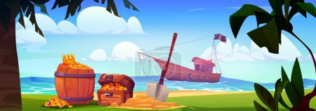 Illustration for Pirates on black flagged ship came ashore to hide and bury treasure. Cartoon barrel and chest with gold coins and diamond jewelry and shovel on beach of sea or ocean in which corsair boat floating. - Royalty Free Image