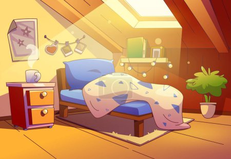 Dormitorio ático interior con muebles y accesorios. Dibujos animados vector ilustración de acogedor inundado de luz del sol habitación mansarda con ventana inclinada y cama con almohada y manta para dormir y relajarse.