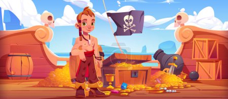 Little boy pirate stands on wooden deck of ship with treasure chest and pile of golden coins and jewelry, cannon and black flag with skull in open sea. Cartoon vector illustration of corsair with kid.