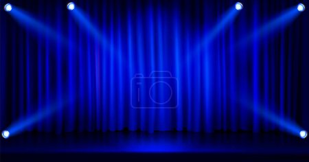 Illustration for Blue curtain with spotlights on stage. Vector realistic illustration of concert hall with lamps shining bright, glossy floor and fabric drapery, awarding or graduation ceremony, show banner background - Royalty Free Image