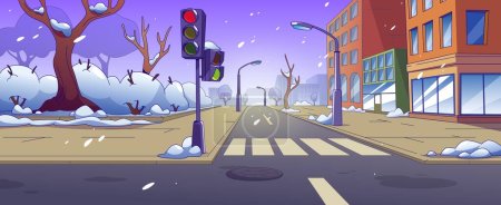 City street intersection covered with snow at winter. Cartoon vector snowy cold empty town landscape with sidewalk, traffic lights and pedestrian zebra cross, houses and road with crosswalk.