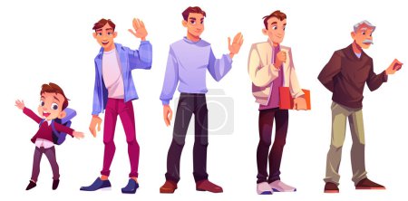 Illustration for Life cycle evolution of man through stages of child, teenager, adult to grandmother. Cartoon journey through various life stages of aging male character. Process of person growth and development. - Royalty Free Image