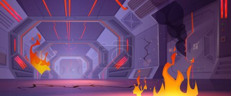 Space ship hall interior in fire and smoke. Cartoon vector illustration of burning shuttle station or laboratory corridor room with closed doors and gates, cracks on floor and walls, flames of fire.
