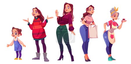 Illustration for Female character child to senior age life cycle set. Vector cartoon illustration of little girl in dress, young woman in sweater with shopping bag, old lady with gray hair and cake in hand, lifespan - Royalty Free Image