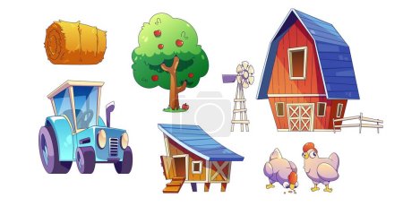 Illustrazione per Farm elementi di design del gioco impostato isolato su sfondo bianco. Illustrazione del fumetto vettoriale del trattore blu, della stalla di legno e del pollaio, del pagliaio e del melo, della gallina divertente, dei beni del giardino del villaggio - Immagini Royalty Free