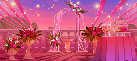 Illustration for Wedding ceremony scene on sunset sea beach. Vector cartoon illustration of wooden patio decorated with ribbons and flowers, romantic arch, wine glasses and cake on table, ocean view under pink sky - Royalty Free Image