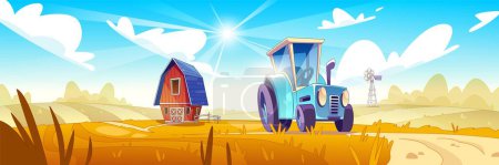 Blue tractor driving autumn field. Vector cartoon illustration of farmland with yellow wheat, wooden barn house and windmill, bright sun shining in sky with clouds, agriculture business banner design