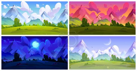 Illustration for Meadow with green grass near mountain foot during four day times. Cartoon summer daytime landscape of field and trees, rocky hills and sky with clouds - sunny afternoon, dawn and sunset, dark night. - Royalty Free Image