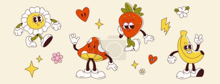 Retro groovige Comicfiguren aus Gänseblümchen und Pilz, Banane und Erdbeere mit dekorativen Elementen. Vektor-Set aus süßen Früchten und Blumen mit lustigen Gesichtsemotionen und Posen für Vintage-Design.
