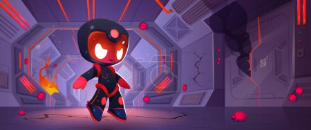 Evil robot in space ship with fire and flame. Vector cartoon illustration of astronaut character with angry face, red bugs on cracked walls, malware danger, hacker attack, cyber security threat