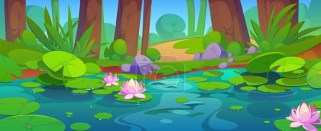 Sommerliche Waldlandschaft mit Seerosen an der Oberfläche des Sees. Cartoon-Vektor Dschungel Feuchtgebietslandschaft mit grünem Gras und Sträuchern, Baumstämme am Ufer des Teiches mit rosa Lotusblumen und Blattunterlage.