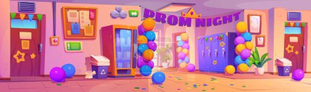 Illustration for School hallway decorated for prom night party. Cartoon corridor interior with party flags, balloons and confetti for graduation event celebration. Lobby with door to class, lockers and vending machine - Royalty Free Image