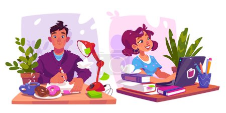 Book writer cartoon concept - man and woman sit at desk with laptop and papers and create book or media article. Vector set of male and female literature author or journalist during work process.