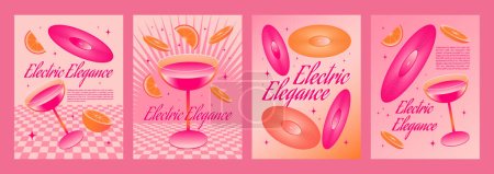 Illustration for Y2k retro style poster template with cocktail in glass, vinyl records and orange slices in bright neon acid pink color. 2000s aesthetic banner layout with drink and music elements and text box. - Royalty Free Image