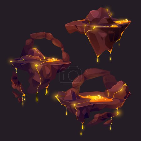 Floating islands of rocky land with hot orange lava liquid with splashes and bubbles eruption and spread. Game cartoon vector illustration set of flying pieces of ground for gui jump and level map.