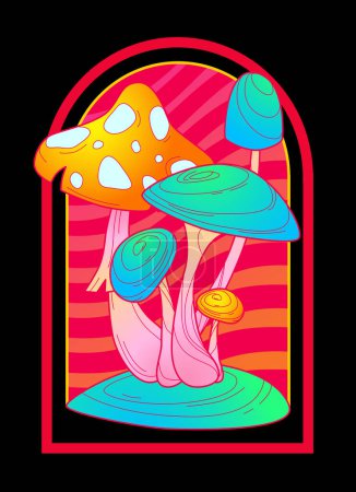 Illustration for Bright sticker with trippy mushroom on grass over red stripped groovy background. Cartoon vector landscape with neon fantasy psychedelic fungi. Funky fluorescent glowing hallucinogenic fungus. - Royalty Free Image