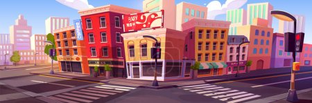 Illustration for City street landscape with intersection of roads and corner of multistorey buildings. Cartoon vector illustration of cityscape with high rise houses, asphalt highway with crosswalk and traffic lights. - Royalty Free Image