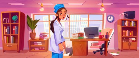Illustration for Tired doctor or nurse standing in office with lots of papers and folders. Cartoon burnout exhausted and workload female medical worker in room interior with desk and computer, cabinet and window. - Royalty Free Image