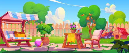 Backyard garden with furniture and fence. Vector cartoon illustration of swing, wooden armchair, cocktail glass on barbecue table, lawn mower, trees and flower pots under blue sky, dog house, toy ball