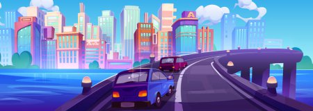 Illustration for Cars on river bridge against cityscape background. Vector cartoon illustration of modern skyscrapers and city buildings, autos driving flyover road above water, green trees, blue sunny sky with clouds - Royalty Free Image