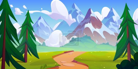 Illustration for Curve foot path from forest with green pines to rocky mountains. Cartoon vector summer sunny landscape of walkway in meadow with grass and trees. Grassland natural panoramic with soil road to hills. - Royalty Free Image