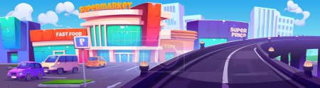 Big supermarket with cars on parking at entrance. Cartoon vector urban landscape with bridge road, transportation parked near large store with cafe and entertainment. Hypermarket facade with auto.