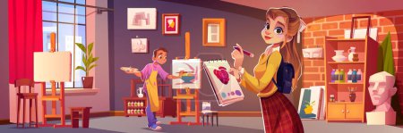 Art school students drawing pictures in studio. Vector cartoon illustration of happy teen boy and girl painting on canvas, light room with large window, sculpture, artworks on wall, bottles on shelf