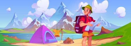 Male tourist with hiking backpack and map in hands as he stands by lake at foot of mountains with snowy peaks near tent with campfire. Cartoon landscape with young camping hiker man near hills.