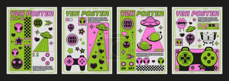 Y2k Plakatdesign mit Retro-Elementen von Alien-Gesicht und Ufo, Gamepad und Smileys, Herz- und Sternenformen. Vector Set von Bannern oder Covern im Retro-Stil der 2000er Jahre mit Vintage-Bildern und Text.