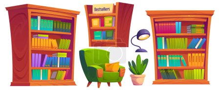 Illustration for Library furniture set isolated on white background. Vector cartoon illustration of wooden bookcases, books on shelves, cozy armchair with cushion, lamp, flower pot, reading hobby, office elements - Royalty Free Image