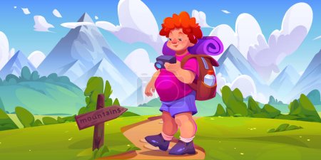 Illustration for Teen boy with hiking backpack and equipment looking at his photography camera as he stands on path in foot of mountains. Cartoon summer landscape with young tourist and photographer walking to hills - Royalty Free Image