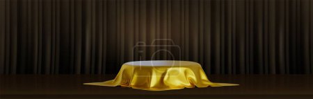 Round podium covered with golden satin cloth on theater stage with black curtain. Vector realistic illustration of product presentation platform, award ceremony pedestal on floor in concert hall