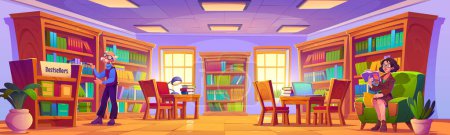 Illustration for People reading books in library. Vector cartoon illustration of senior man near bookshelf, smart woman sitting in armchair at bookstore, wooden bookcases with literature bestsellers, laptop on table - Royalty Free Image