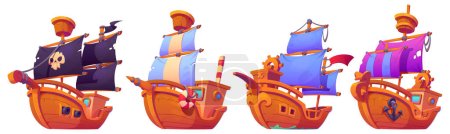 Illustration for Cartoon old sailboat with wooden deck and captain dock, mast and canvas sails. Vector illustration of pirate and fishing vintage ships for game ui or childish book story design. Sea transport set. - Royalty Free Image